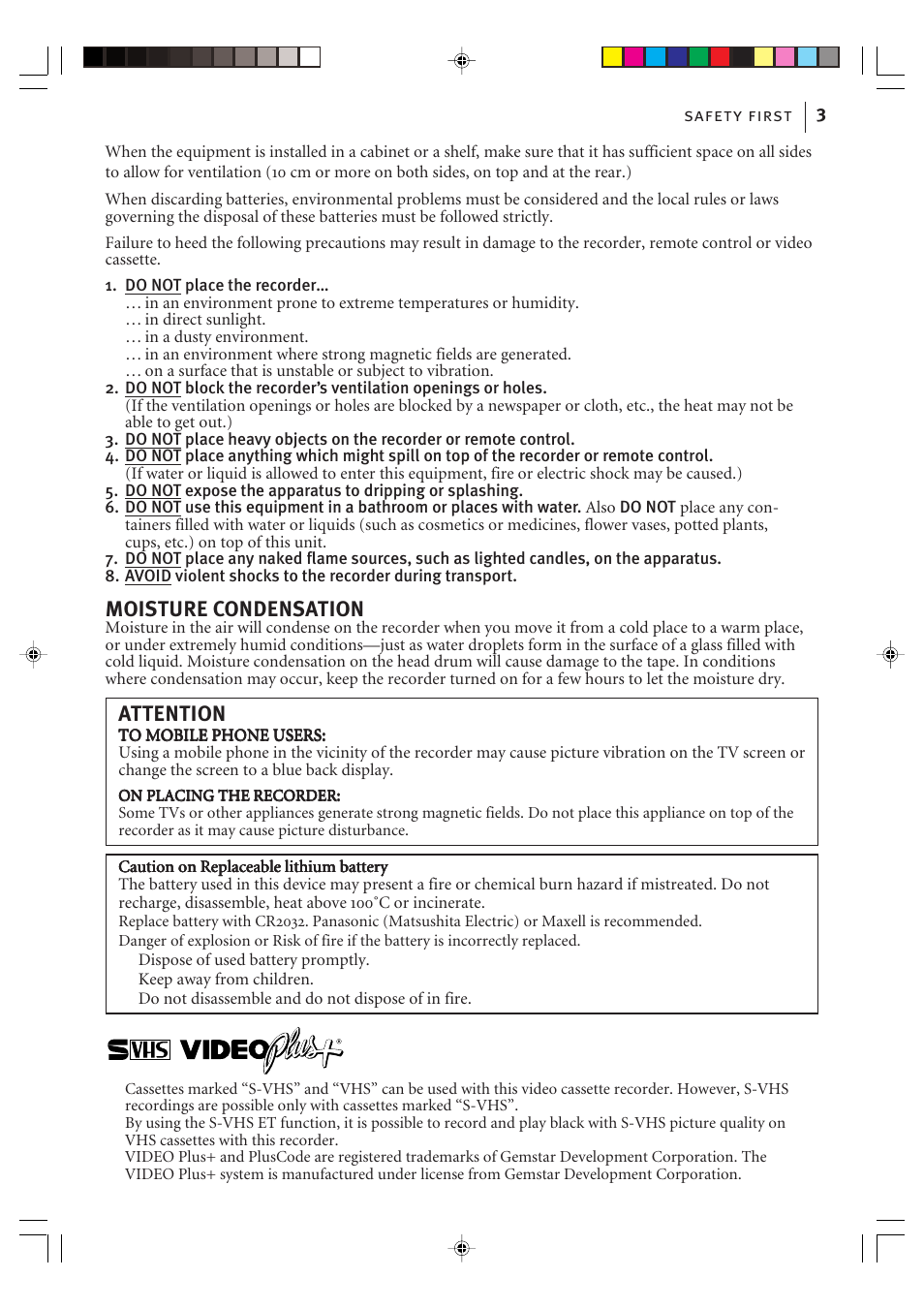 Moisture condensation, Attention | JVC VIDEO PLUS HR-S6965EK User Manual | Page 3 / 60