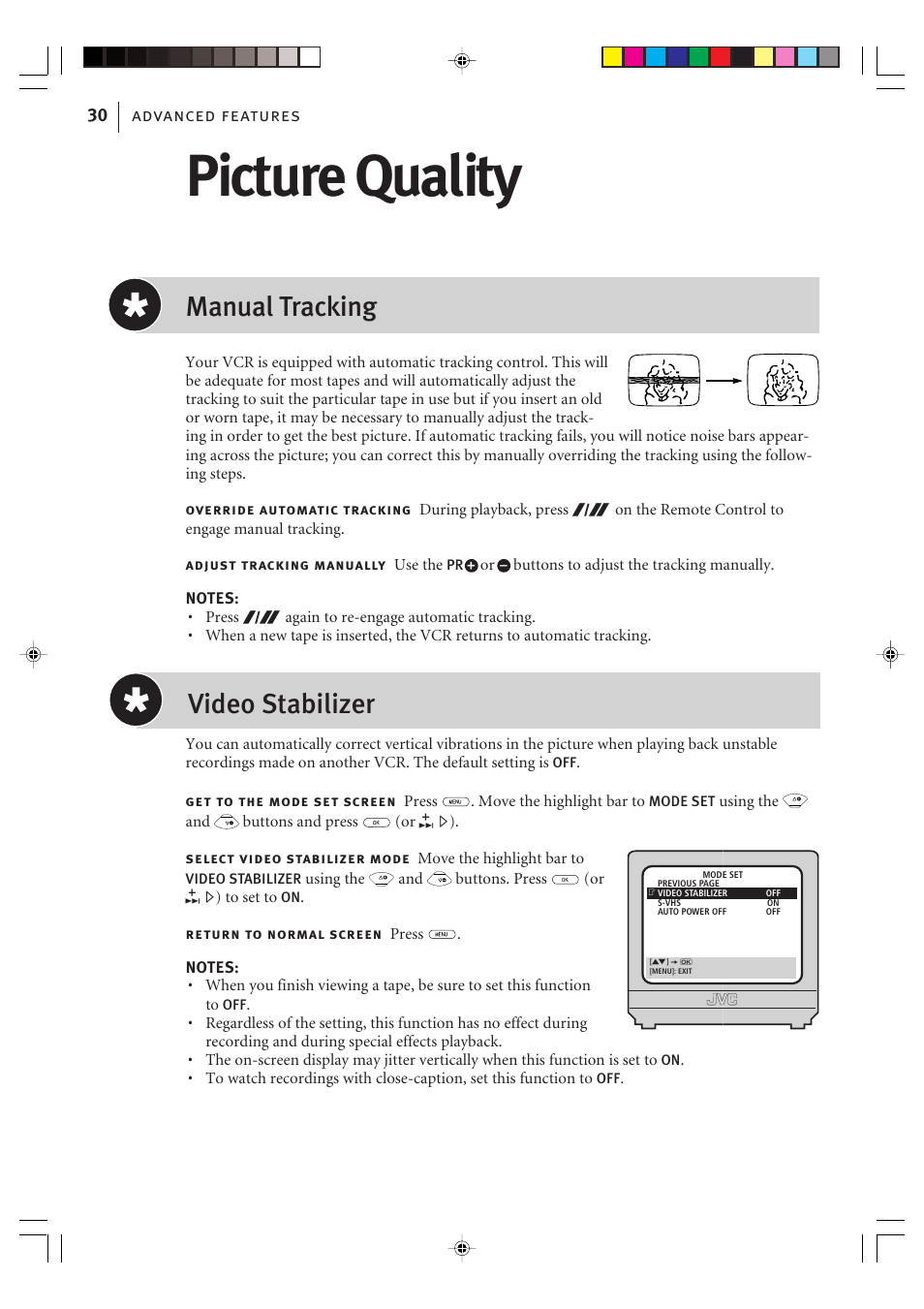 Picture quality, Manual tracking, Video stabilizer | Advanced features 30 | JVC VIDEO PLUS HR-S6965EK User Manual | Page 30 / 60