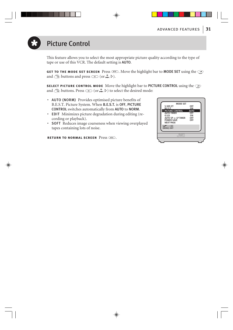 Picture control, Advanced features 31 | JVC VIDEO PLUS HR-S6965EK User Manual | Page 31 / 60