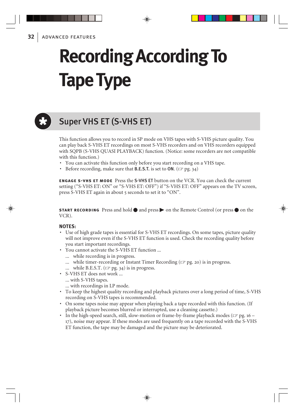 Recording according to tape type, Super vhs et (s-vhs et) | JVC VIDEO PLUS HR-S6965EK User Manual | Page 32 / 60