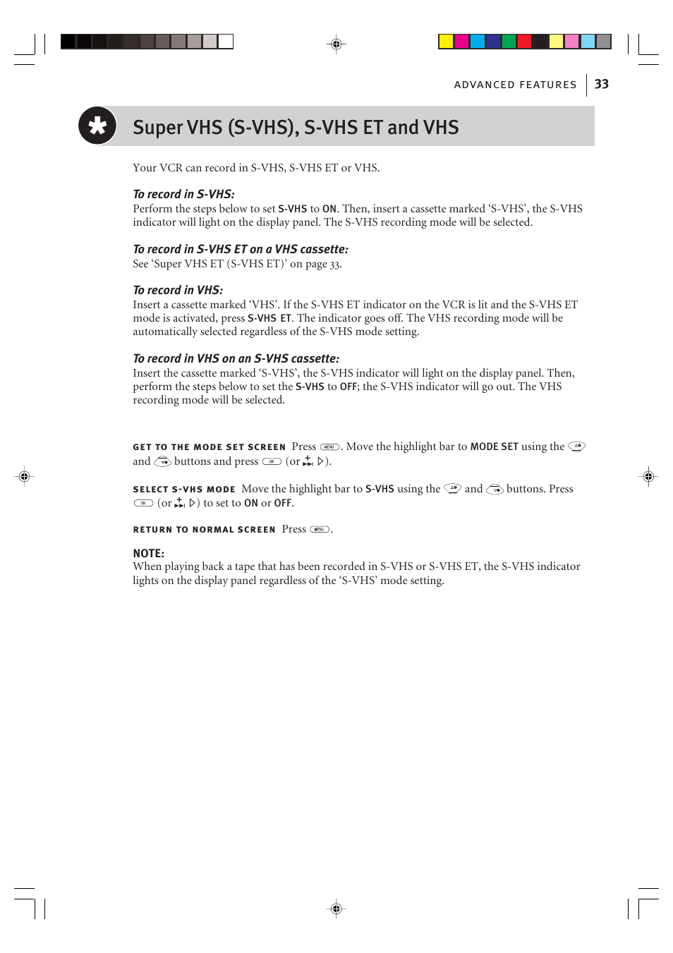 Super vhs (s-vhs), s-vhs et and vhs, Advanced features 33 | JVC VIDEO PLUS HR-S6965EK User Manual | Page 33 / 60