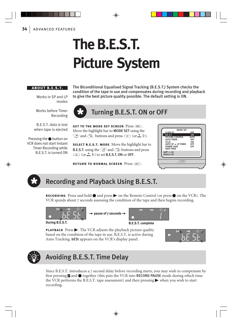 The b.e.s.t. picture system, Turning b.e.s.t. on or off, Recording and playback using b.e.s.t | Avoiding b.e.s.t. time delay, Advanced features 34 about b.e.s.t | JVC VIDEO PLUS HR-S6965EK User Manual | Page 34 / 60