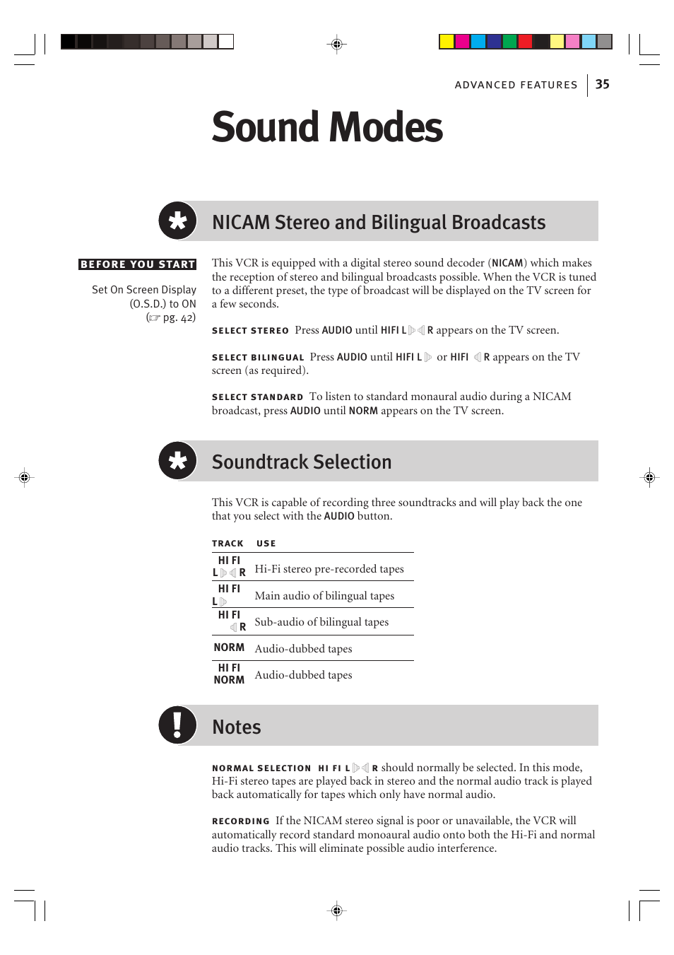 Sound modes, Nicam stereo and bilingual broadcasts, Soundtrack selection | JVC VIDEO PLUS HR-S6965EK User Manual | Page 35 / 60