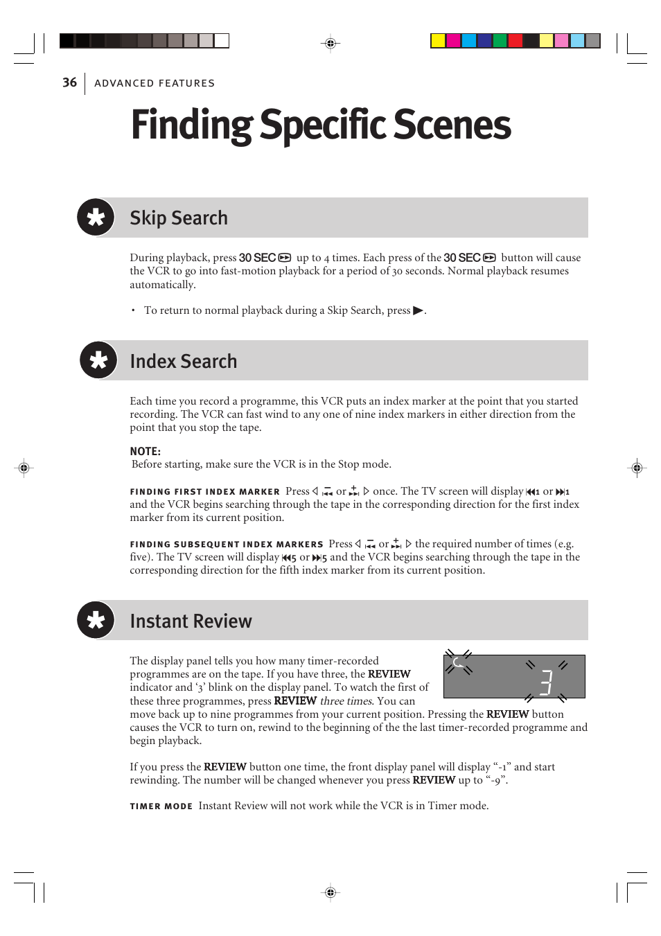 Finding specific scenes, Skip search, Index search | Instant review | JVC VIDEO PLUS HR-S6965EK User Manual | Page 36 / 60