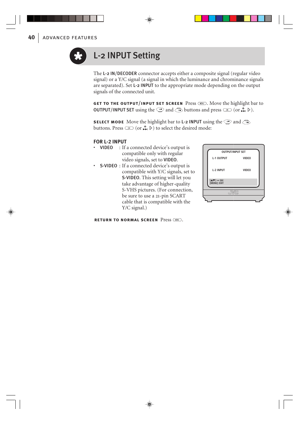 L-2 input setting, Advanced features 40 | JVC VIDEO PLUS HR-S6965EK User Manual | Page 40 / 60