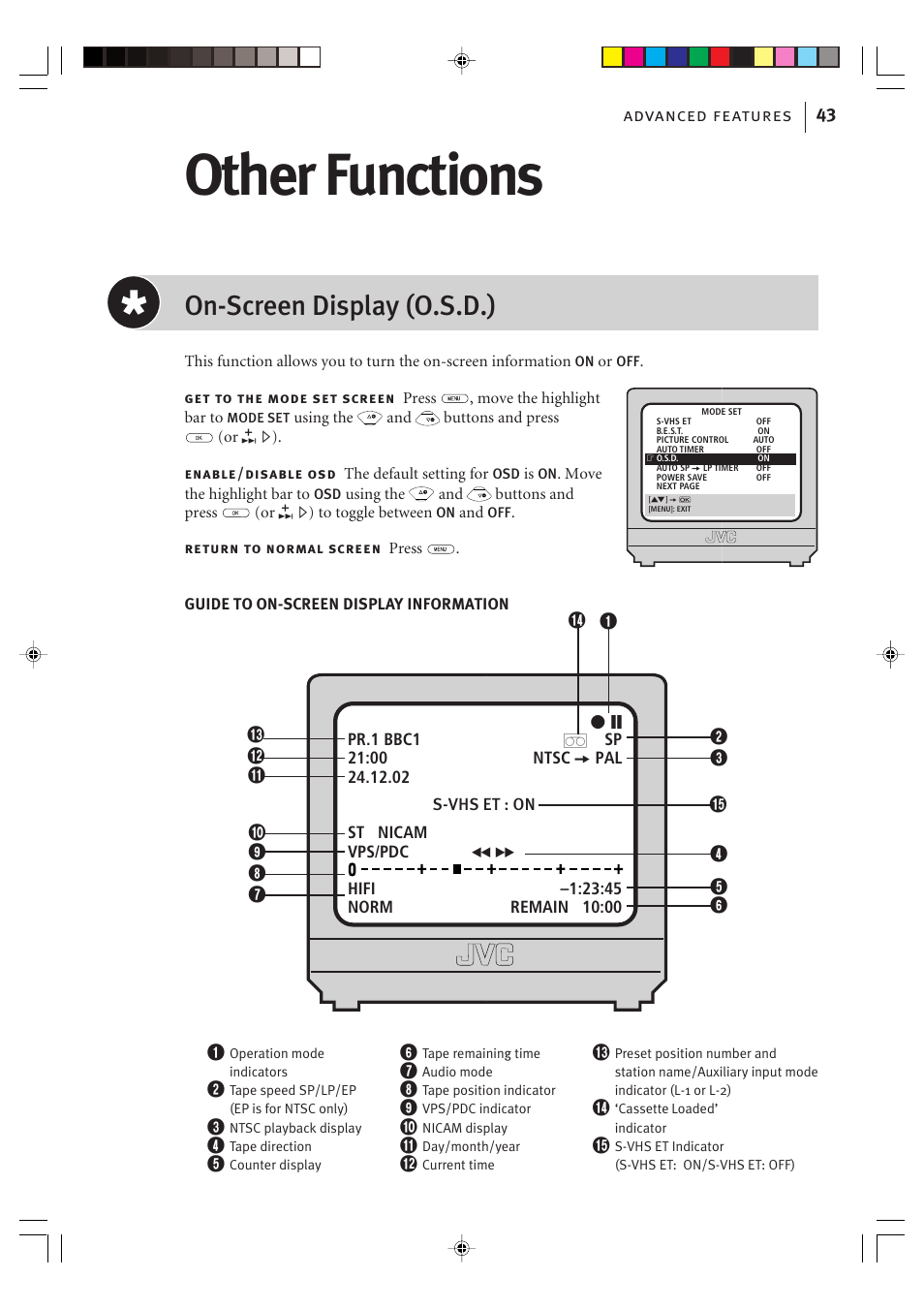 Other functions, On-screen display (o.s.d.), Advanced features 43 | JVC VIDEO PLUS HR-S6965EK User Manual | Page 43 / 60