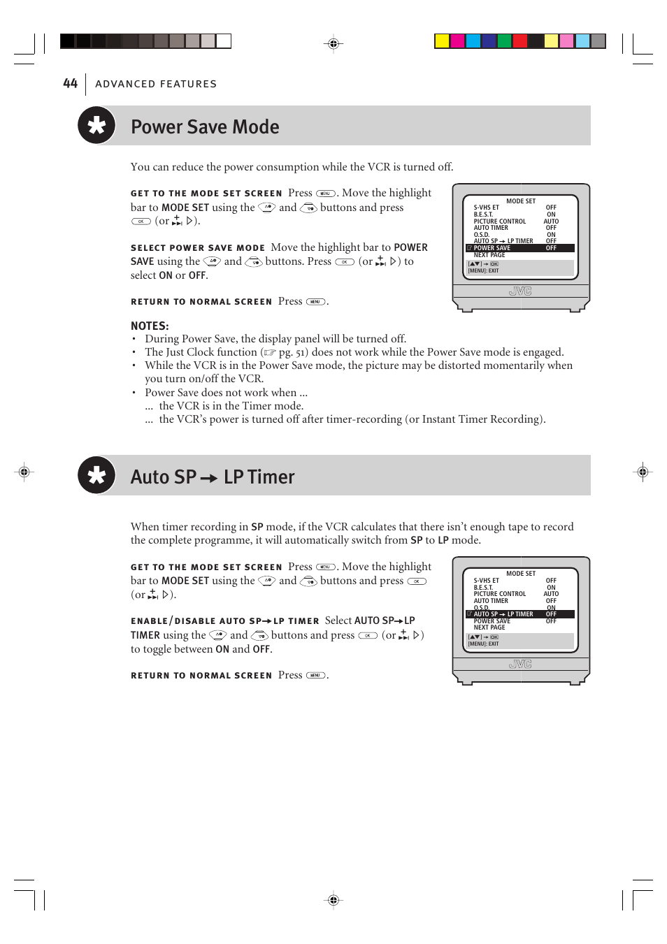 Power save mode, Auto sp a lp timer, Advanced features 44 | JVC VIDEO PLUS HR-S6965EK User Manual | Page 44 / 60