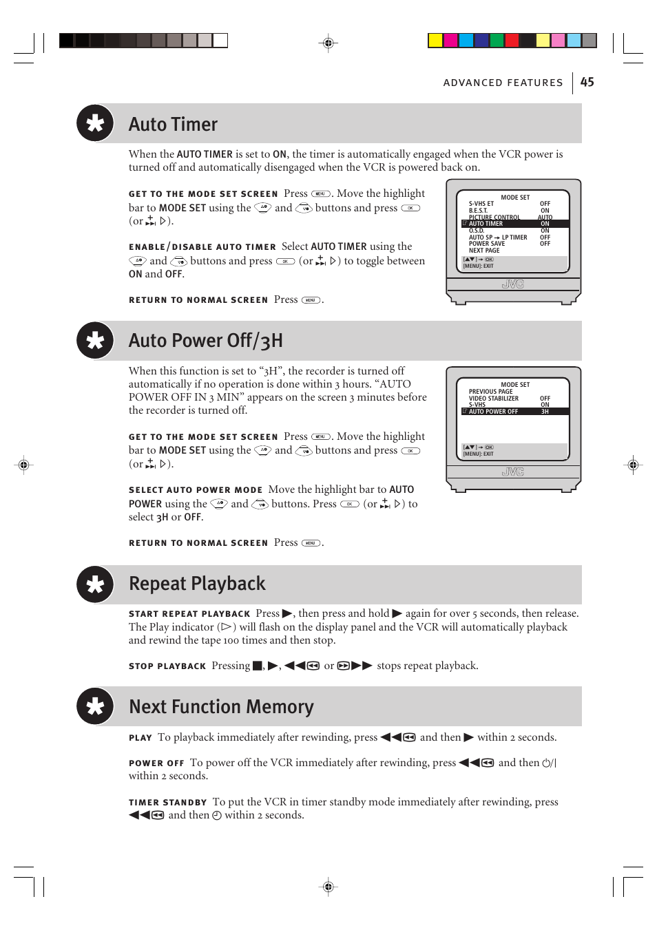 Auto timer, Auto power off/3h, Repeat playback | Advanced features 45 | JVC VIDEO PLUS HR-S6965EK User Manual | Page 45 / 60