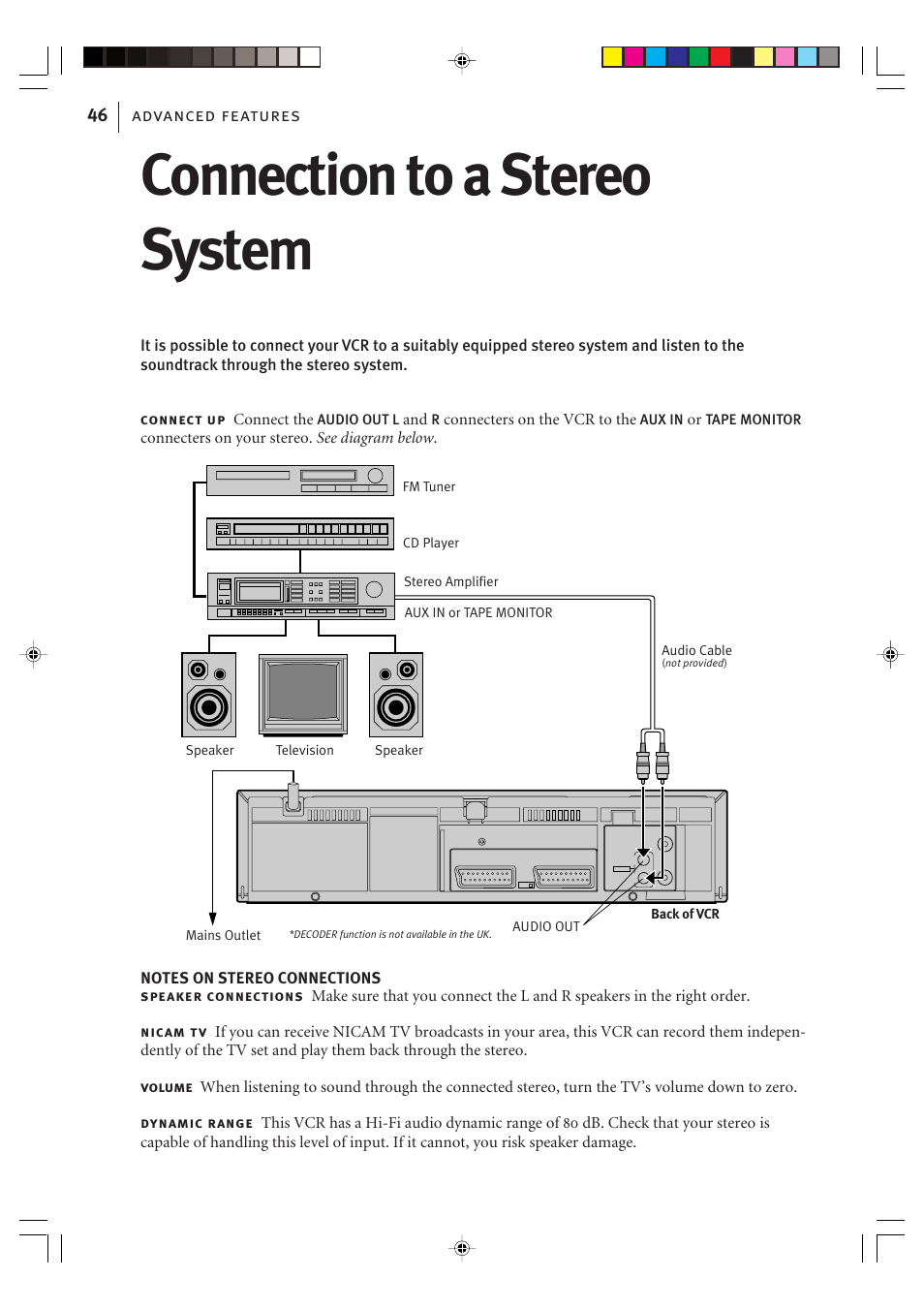 Connection to a stereo system, Advanced features 46 | JVC VIDEO PLUS HR-S6965EK User Manual | Page 46 / 60