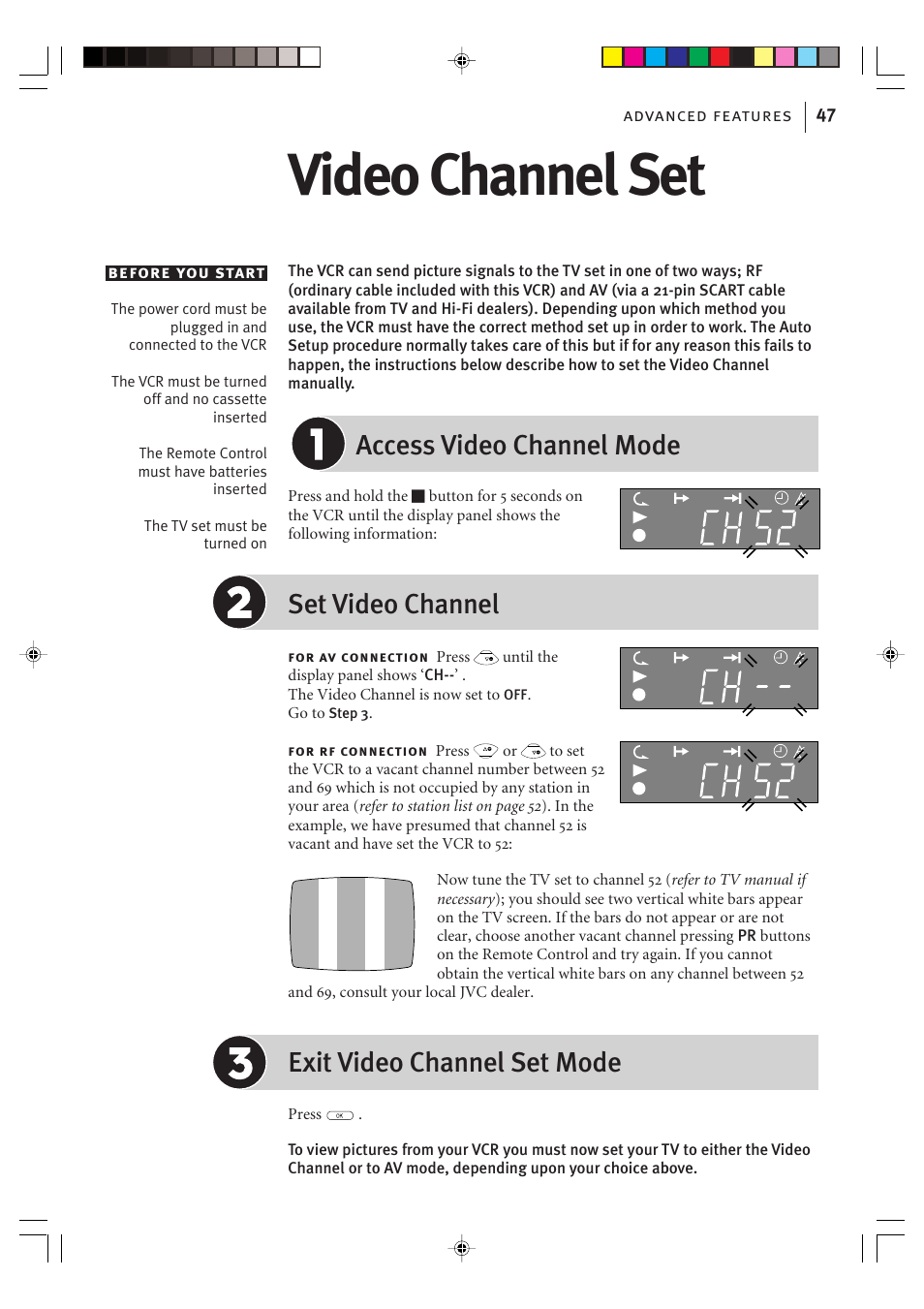 Video channel set, Access video channel mode, Set video channel | Exit video channel set mode | JVC VIDEO PLUS HR-S6965EK User Manual | Page 47 / 60