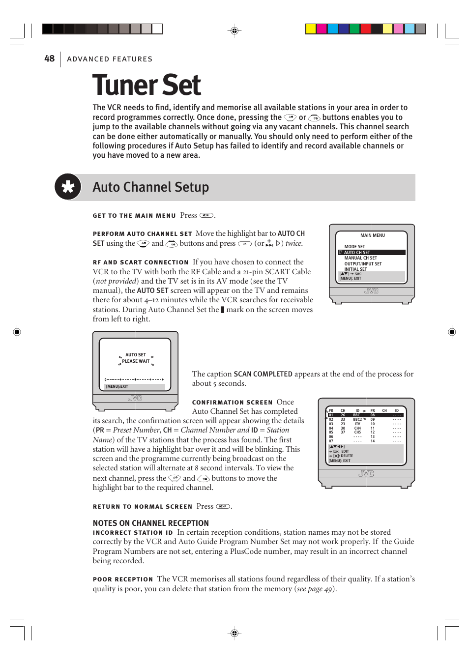 Tuner set, Auto channel setup, Advanced features 48 | JVC VIDEO PLUS HR-S6965EK User Manual | Page 48 / 60