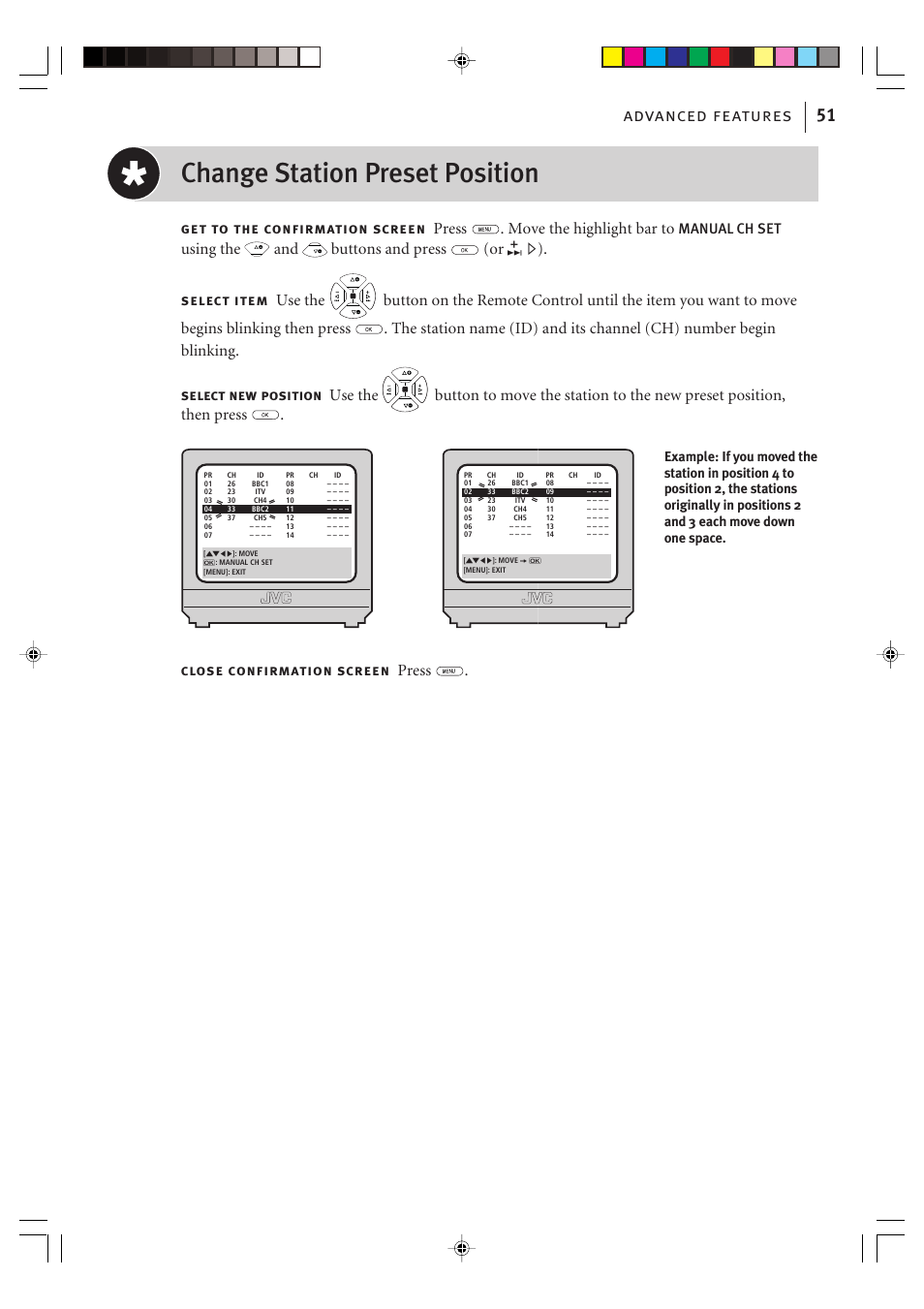 Change station preset position, Advanced features 51, Using the | Manual ch set | JVC VIDEO PLUS HR-S6965EK User Manual | Page 51 / 60