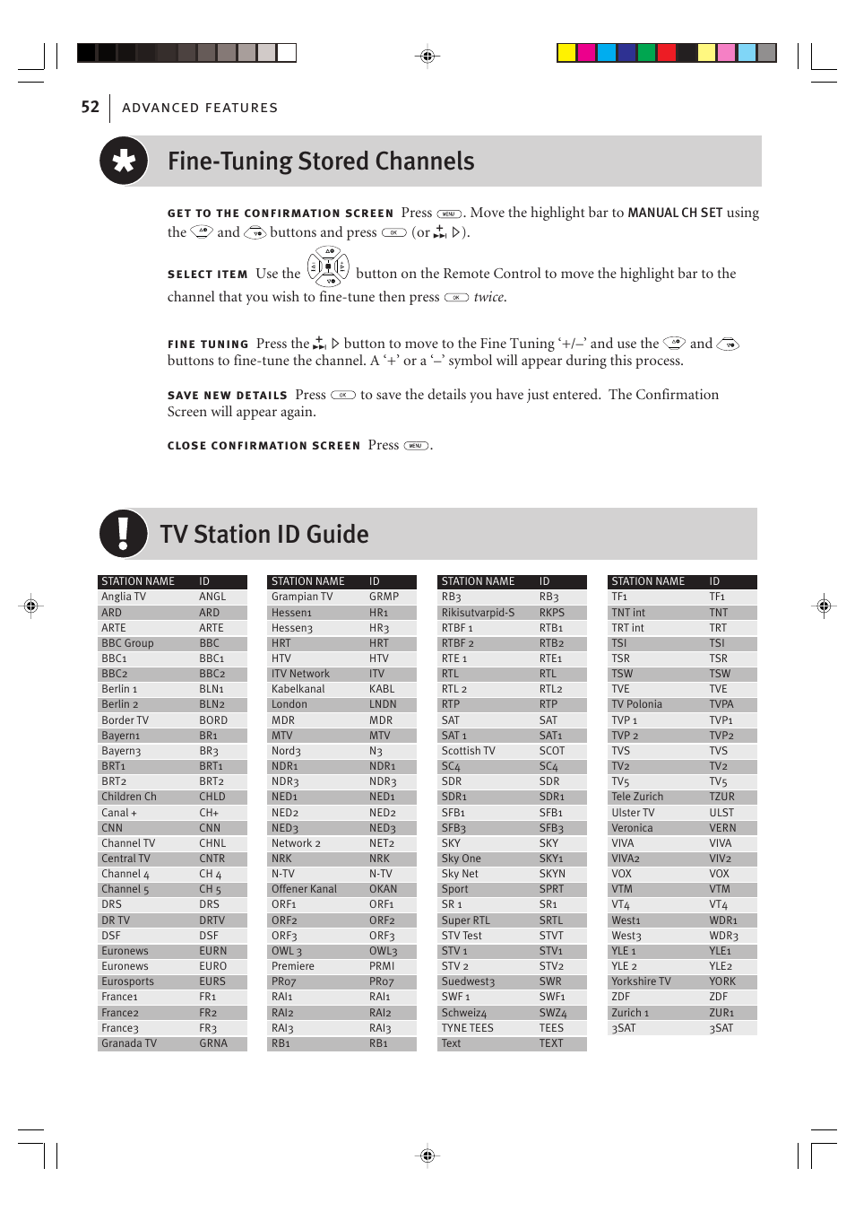 Tv station id guide fine-tuning stored channels, Advanced features 52, Using the | JVC VIDEO PLUS HR-S6965EK User Manual | Page 52 / 60