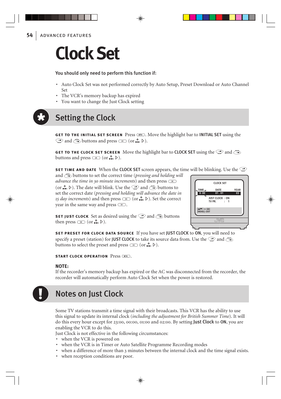 Clock set, Setting the clock, Advanced features 54 | JVC VIDEO PLUS HR-S6965EK User Manual | Page 54 / 60