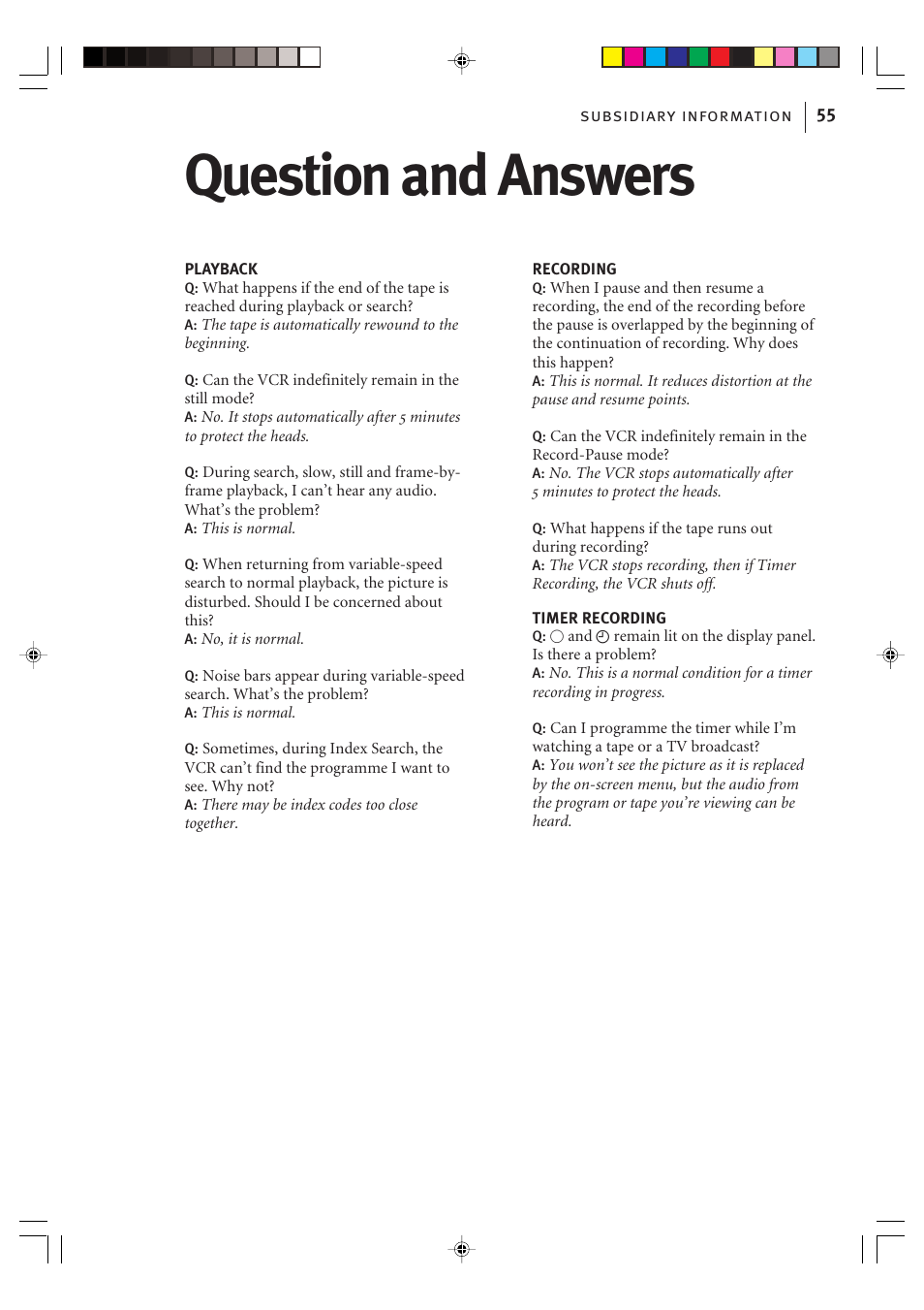 Subsidiary information, Question and answers | JVC VIDEO PLUS HR-S6965EK User Manual | Page 55 / 60