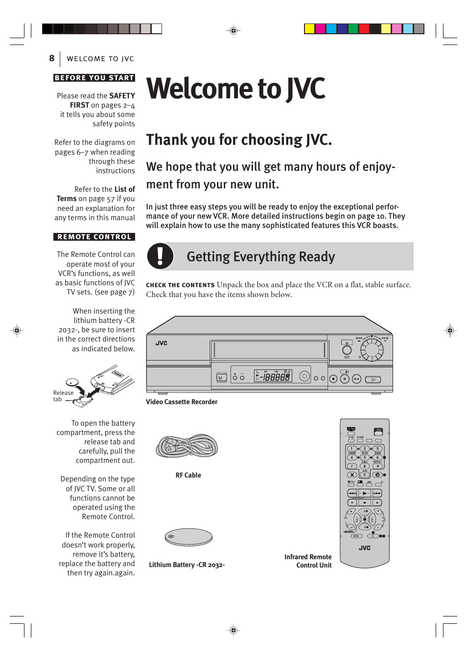 Welcome to jvc, Getting everything ready, Welcome to jvc 8 | Before you start, Remote control | JVC VIDEO PLUS HR-S6965EK User Manual | Page 8 / 60