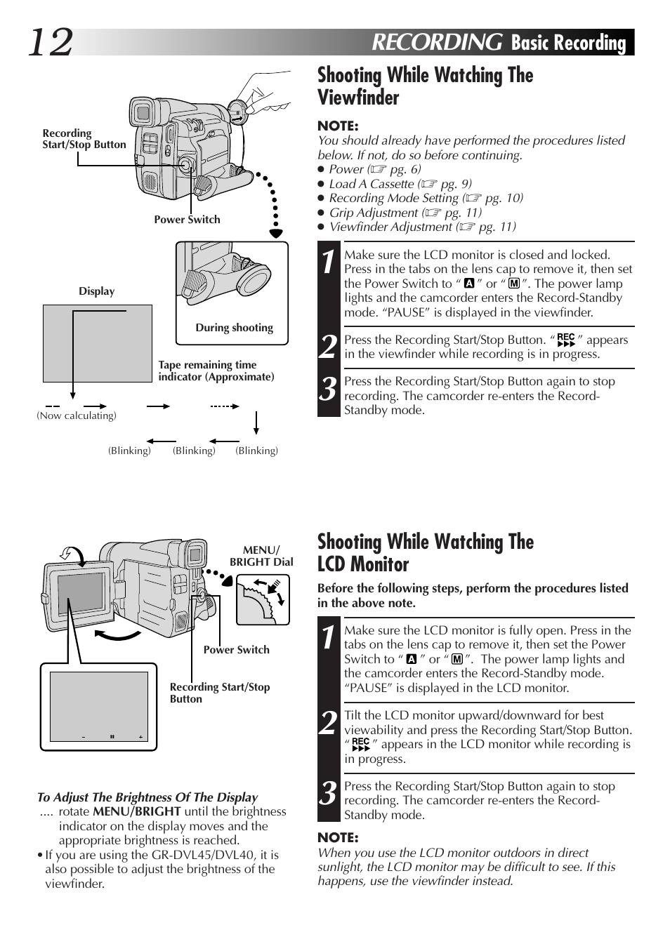 Recording, Shooting while watching the lcd monitor | JVC GR-DVL25 User Manual | Page 12 / 64