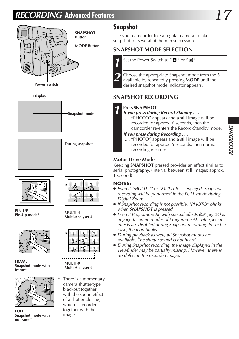 Recording, Advanced features snapshot | JVC GR-DVL25 User Manual | Page 17 / 64