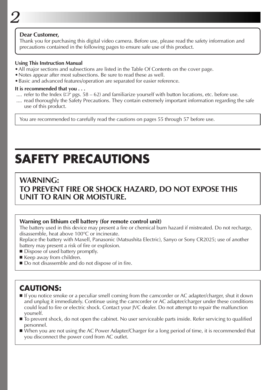 Safety precautions | JVC GR-DVL25 User Manual | Page 2 / 64