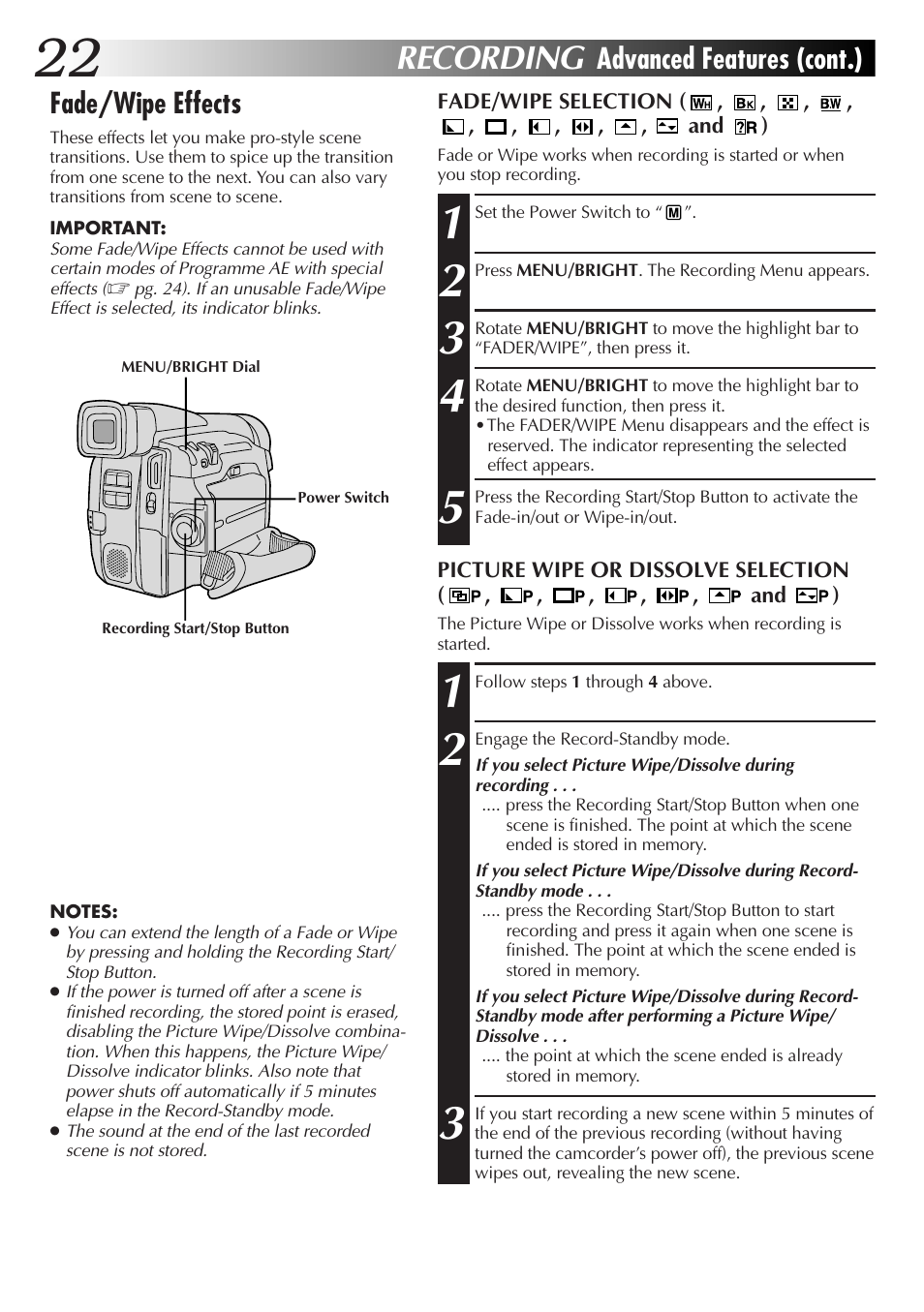 Recording, Advanced features (cont.) fade/wipe effects | JVC GR-DVL25 User Manual | Page 22 / 64