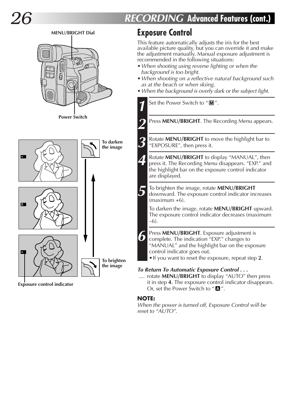 Recording, Advanced features (cont.) exposure control | JVC GR-DVL25 User Manual | Page 26 / 64