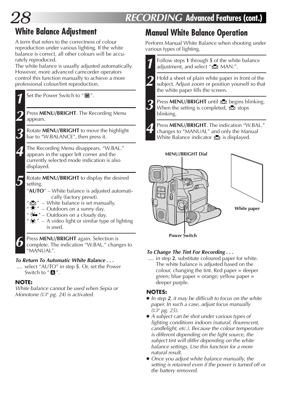 Recording, White balance adjustment | JVC GR-DVL25 User Manual | Page 28 / 64