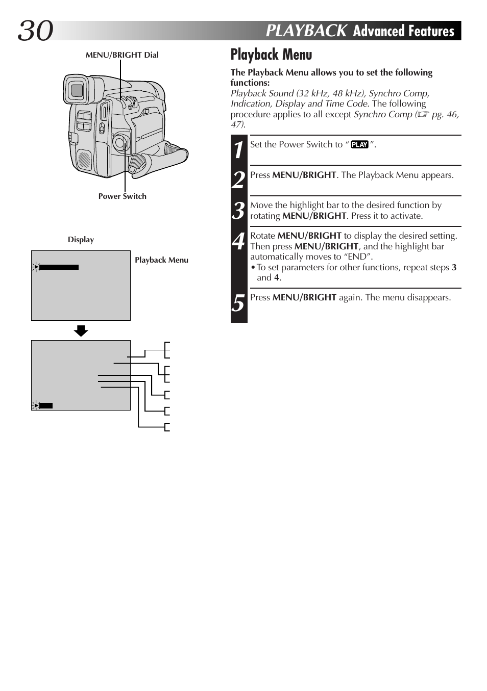 Playback, Playback menu, Advanced features | JVC GR-DVL25 User Manual | Page 30 / 64