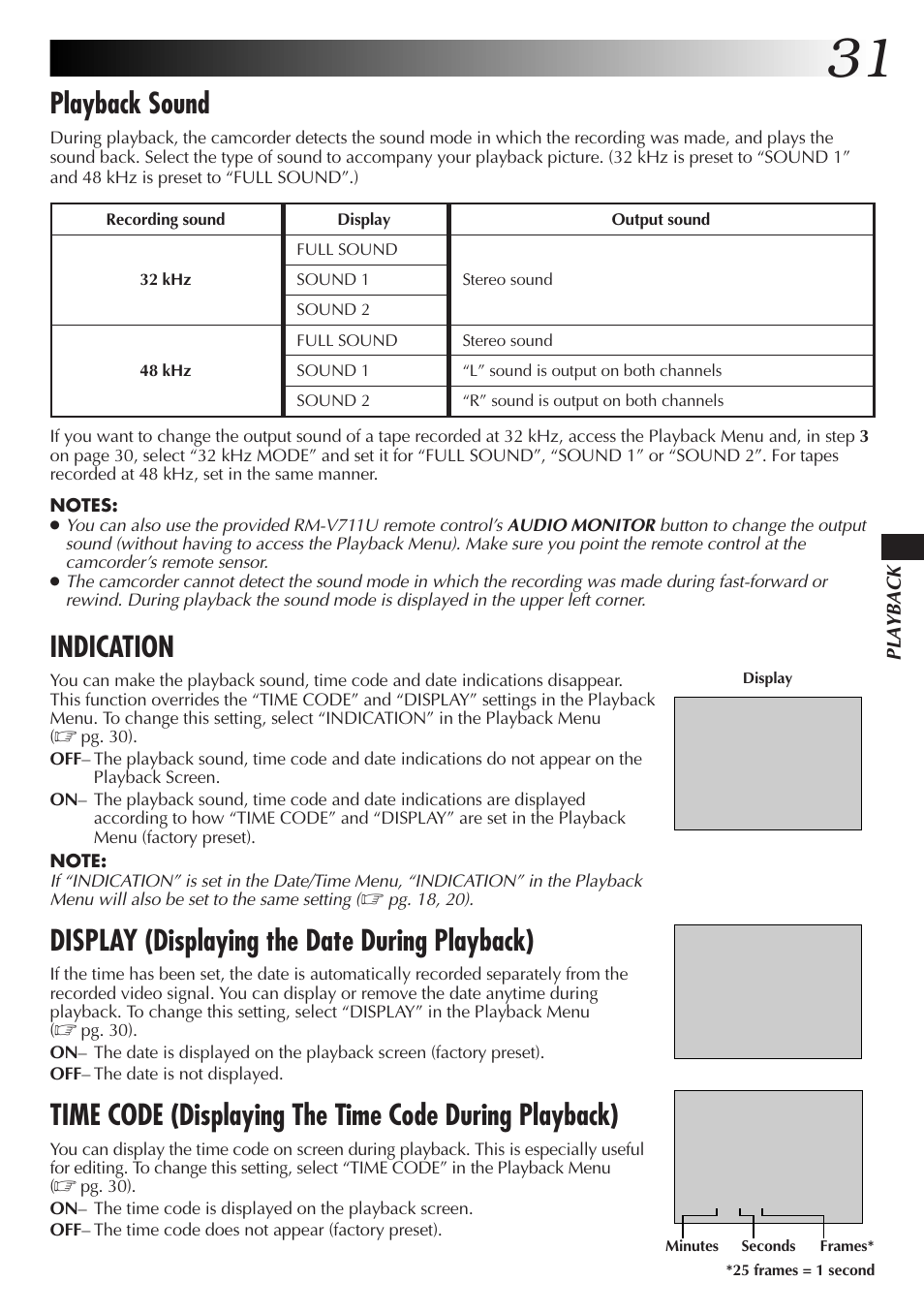 Playback sound, Indication, Display (displaying the date during playback) | JVC GR-DVL25 User Manual | Page 31 / 64