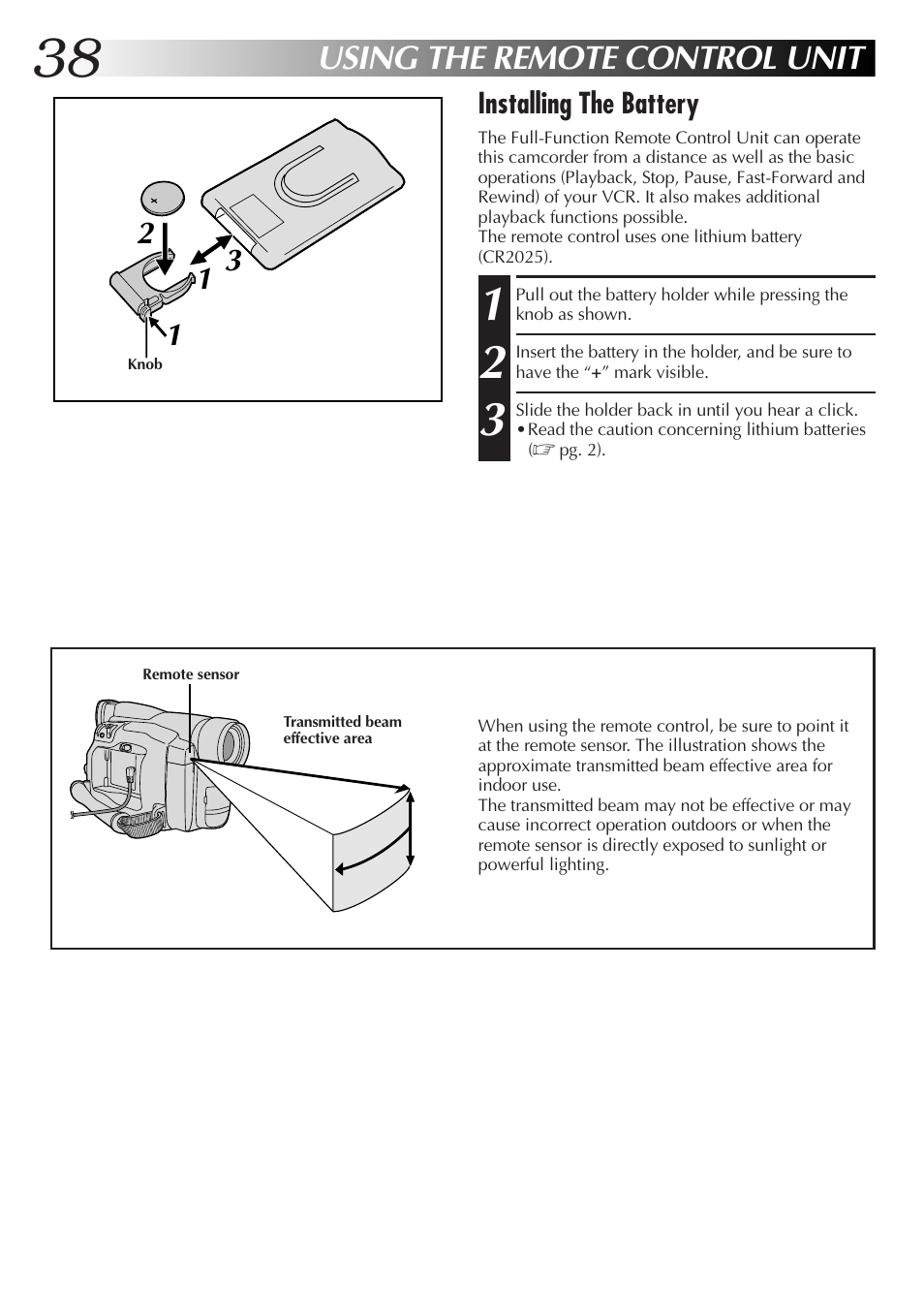 Using the remote control unit, Installing the battery | JVC GR-DVL25 User Manual | Page 38 / 64