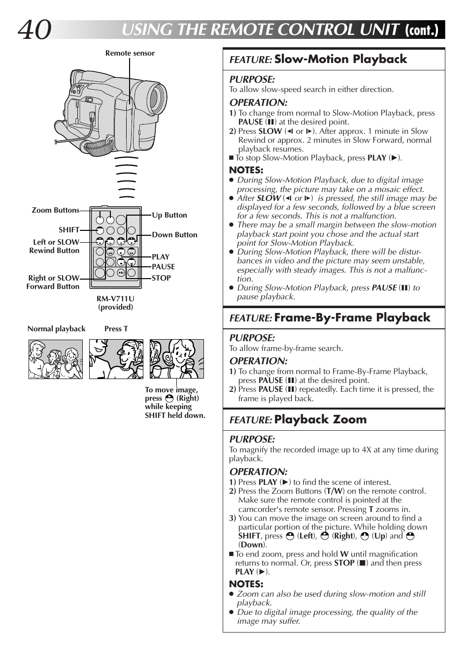 Using the remote control unit, Cont.), Slow-motion playback | Frame-by-frame playback, Playback zoom | JVC GR-DVL25 User Manual | Page 40 / 64