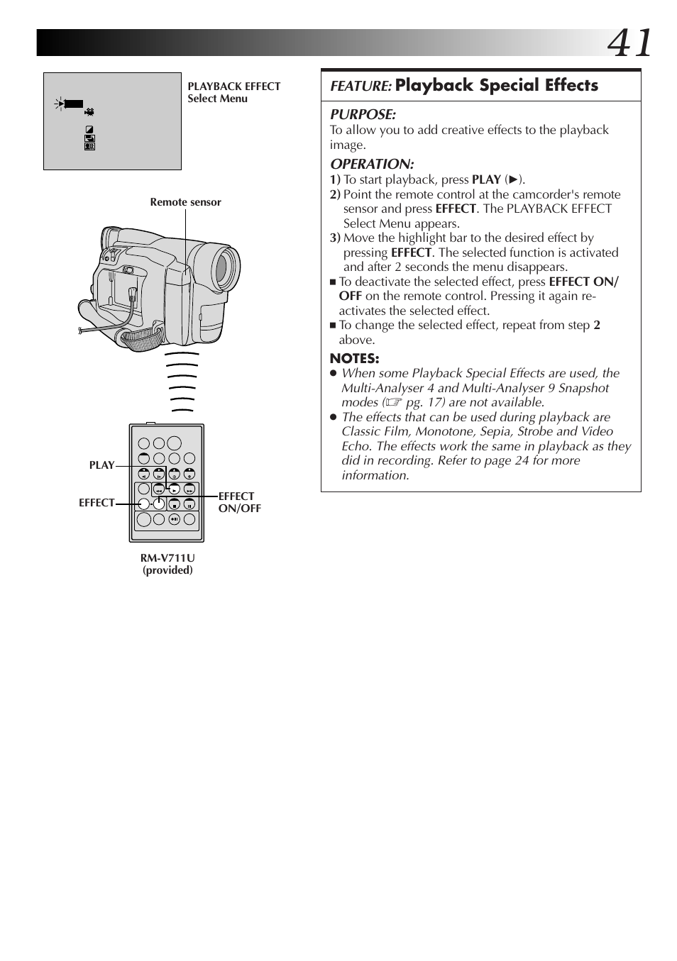 Playback special effects, Feature, Purpose | Operation | JVC GR-DVL25 User Manual | Page 41 / 64