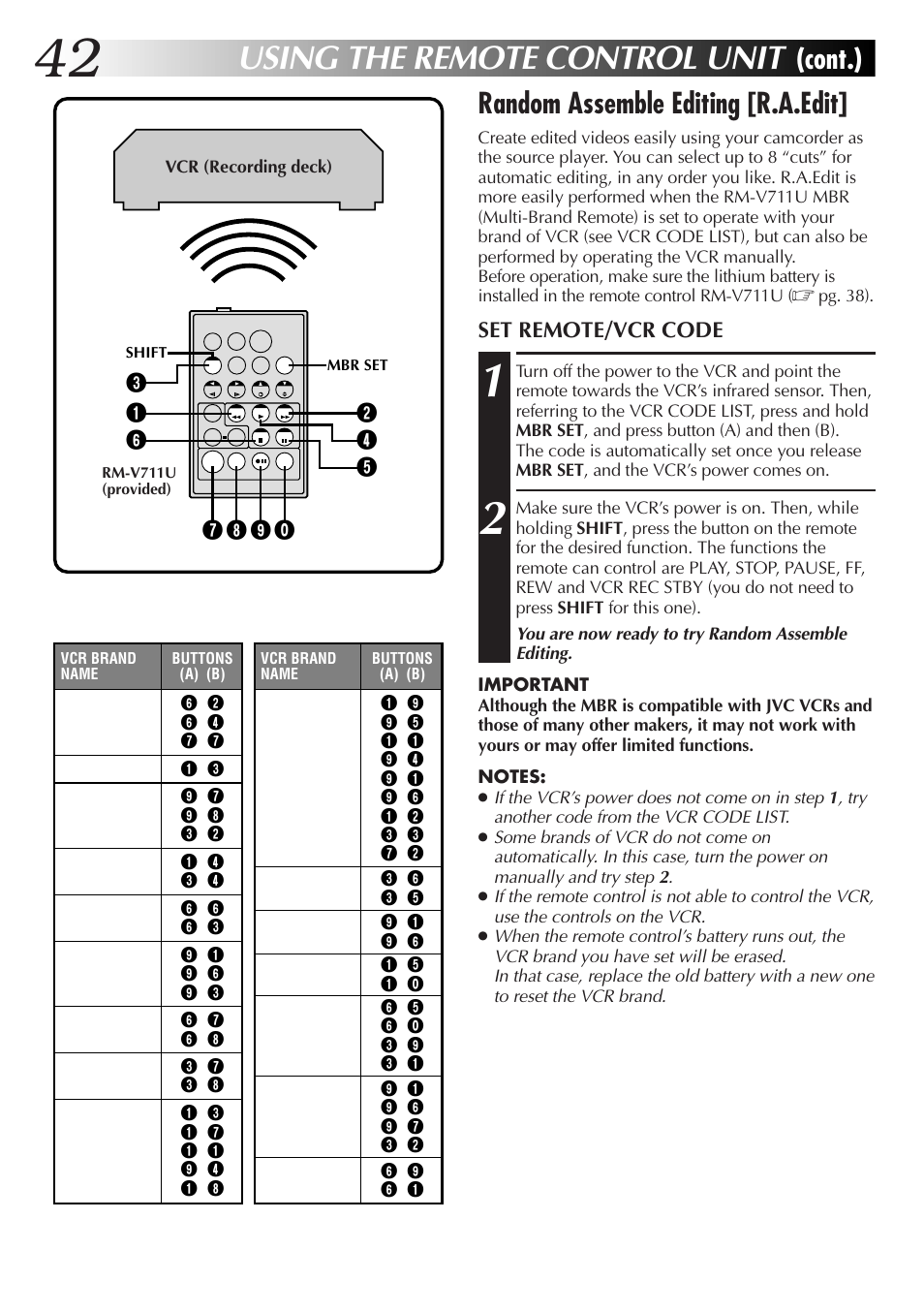 Using the remote control unit, Random assemble editing [r.a.edit, Cont.) | JVC GR-DVL25 User Manual | Page 42 / 64