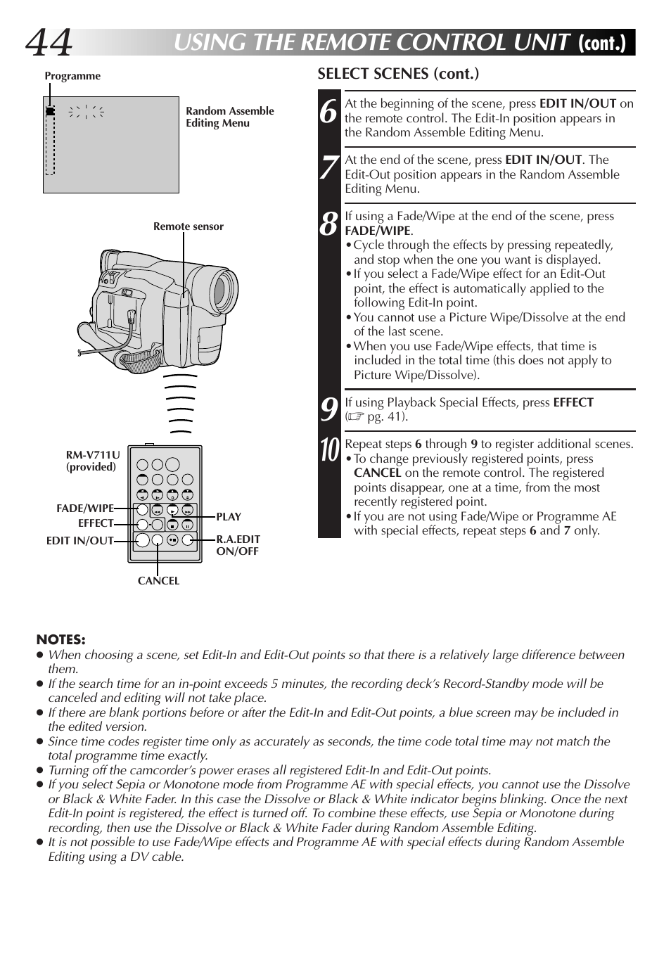 Using the remote control unit, Cont.), En select scenes (cont.) | JVC GR-DVL25 User Manual | Page 44 / 64