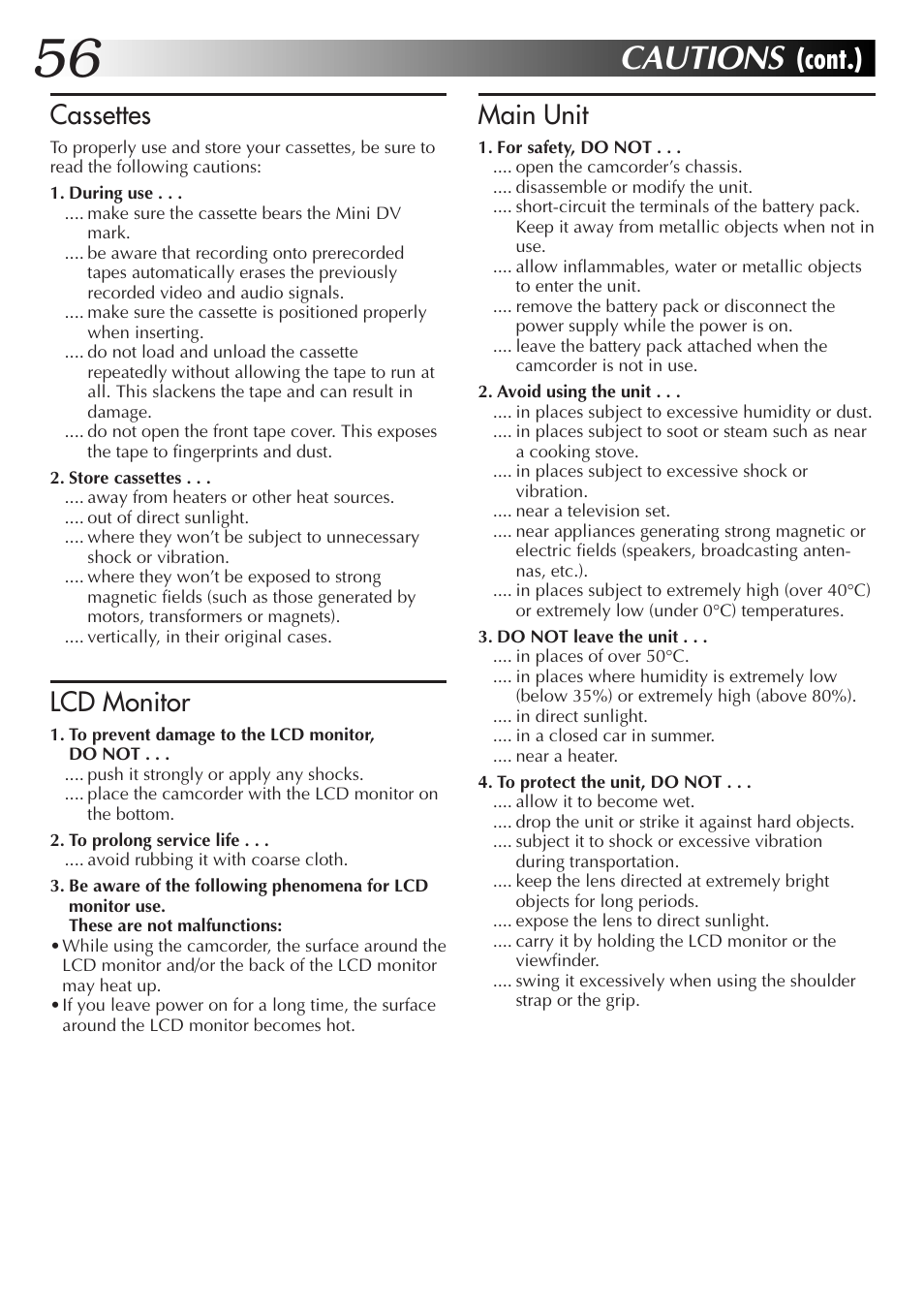 Cautions, Cont.), Cassettes | Lcd monitor, Main unit | JVC GR-DVL25 User Manual | Page 56 / 64