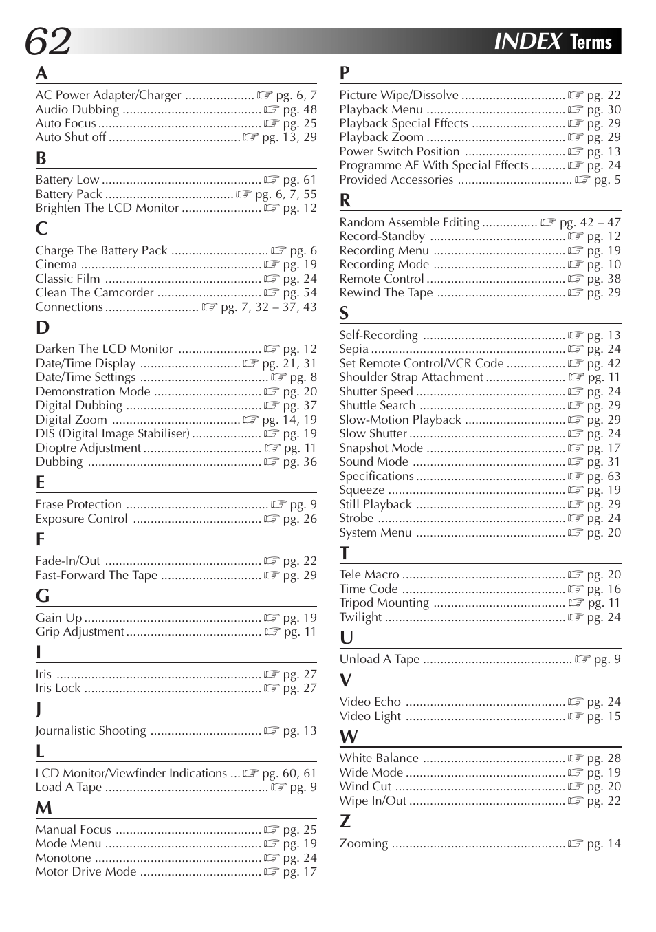 Index, Terms | JVC GR-DVL25 User Manual | Page 62 / 64
