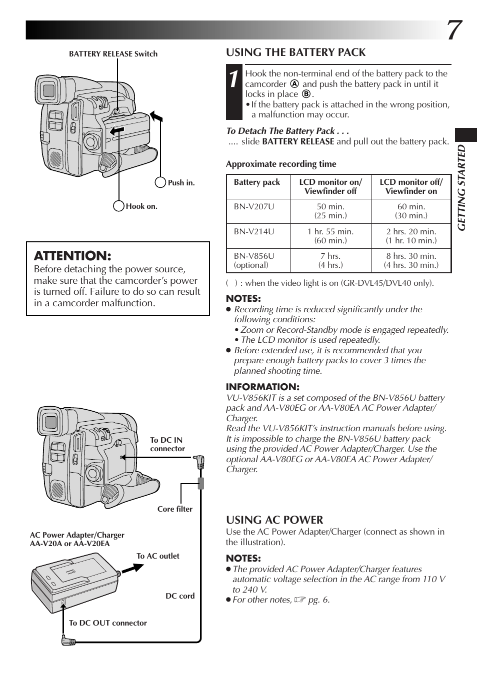 Attention | JVC GR-DVL25 User Manual | Page 7 / 64