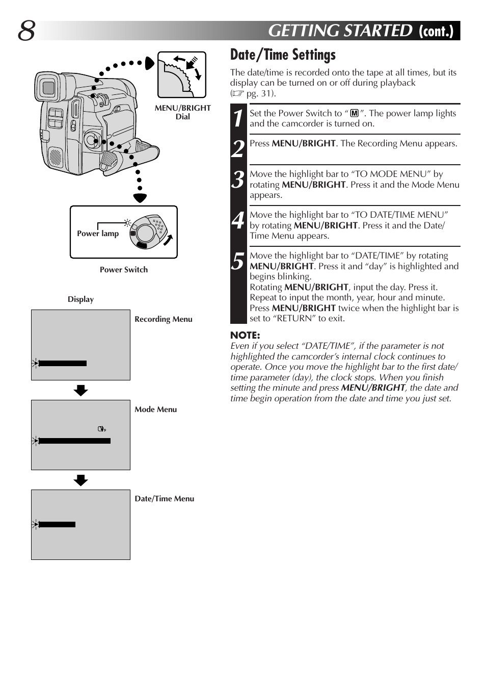 Getting started, Date/time settings, Cont.) | JVC GR-DVL25 User Manual | Page 8 / 64