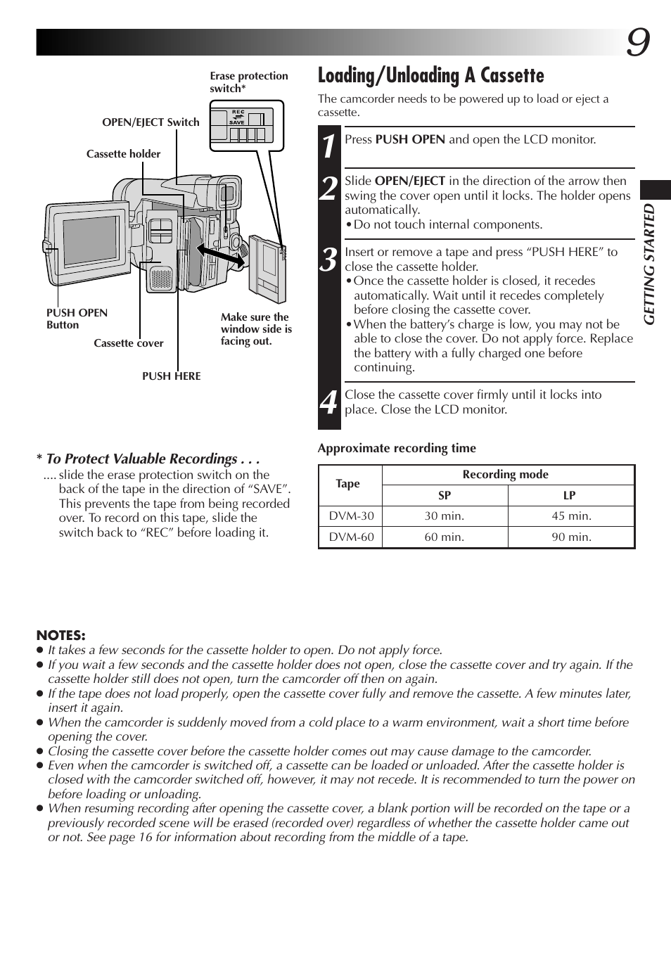 Loading/unloading a cassette | JVC GR-DVL25 User Manual | Page 9 / 64
