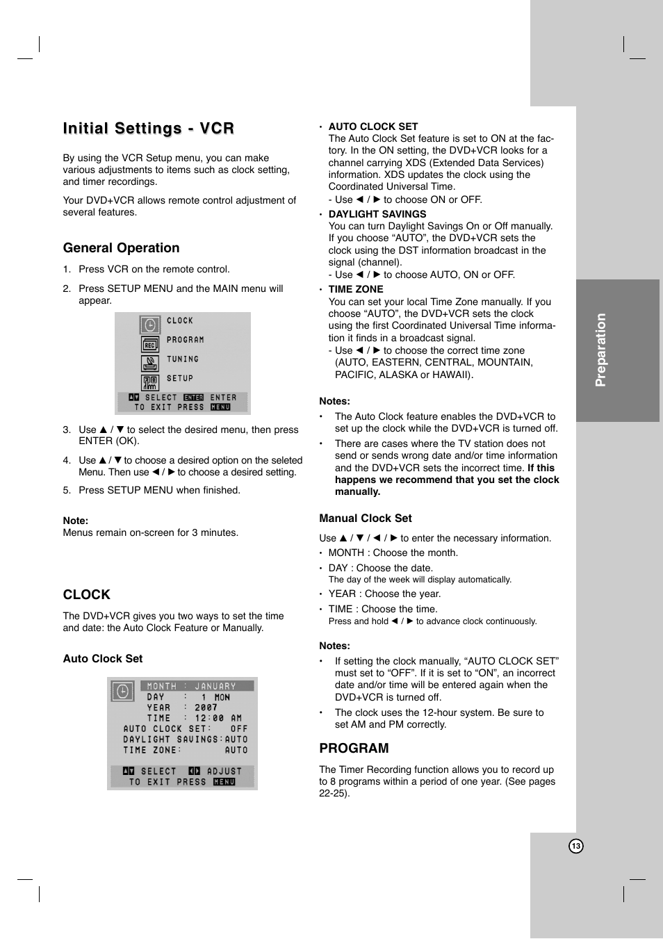 Initial settings - vcr, Preparation, General operation | Clock, Program | JVC HR-XVC41S User Manual | Page 13 / 37