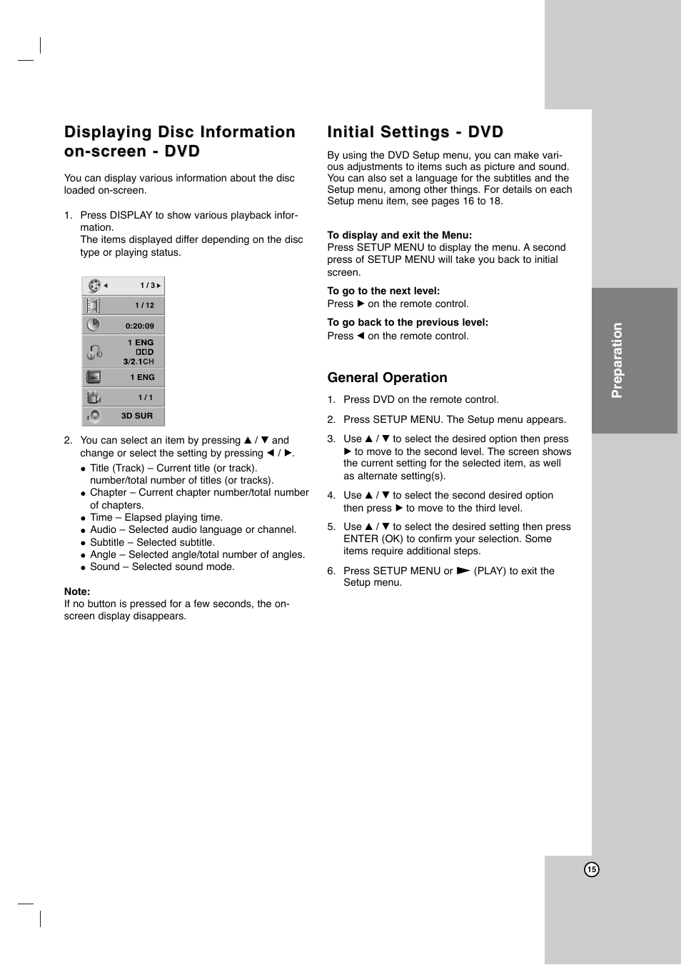 Displaying disc information, Initial settings - dvd, Preparation | General operation | JVC HR-XVC41S User Manual | Page 15 / 37