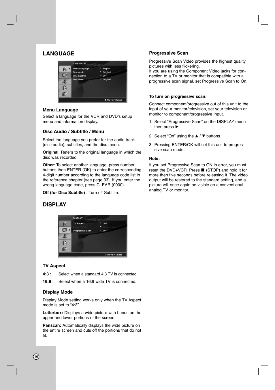 Language, Display | JVC HR-XVC41S User Manual | Page 16 / 37