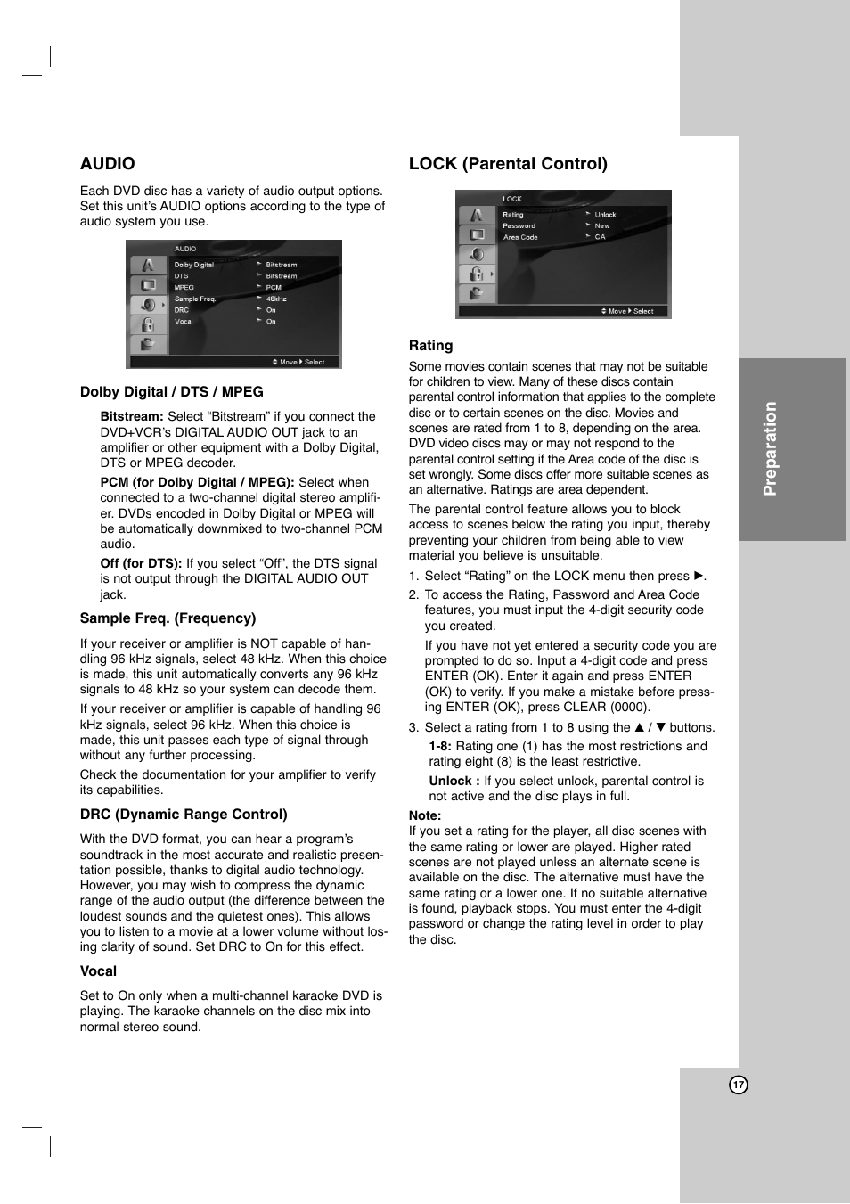 Preparation audio, Lock (parental control) | JVC HR-XVC41S User Manual | Page 17 / 37