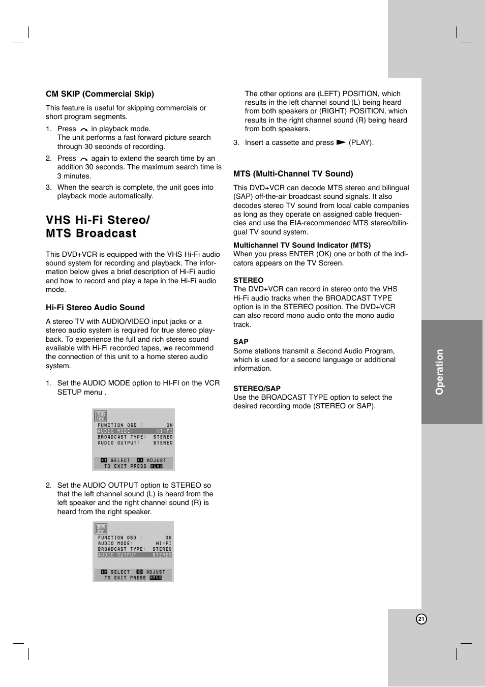 Vhs hi-fi stereo, Vhs hi-fi stereo/ mts broadcast mts broadcast, Operation | JVC HR-XVC41S User Manual | Page 21 / 37