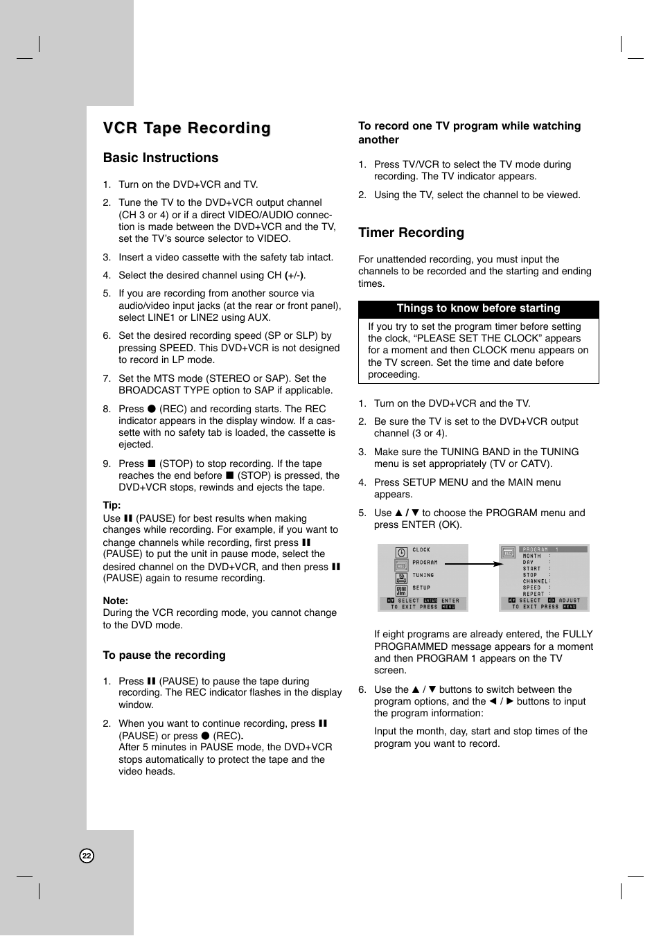 Vcr t, Vcr t ape recording ape recording, Basic instructions | Timer recording | JVC HR-XVC41S User Manual | Page 22 / 37