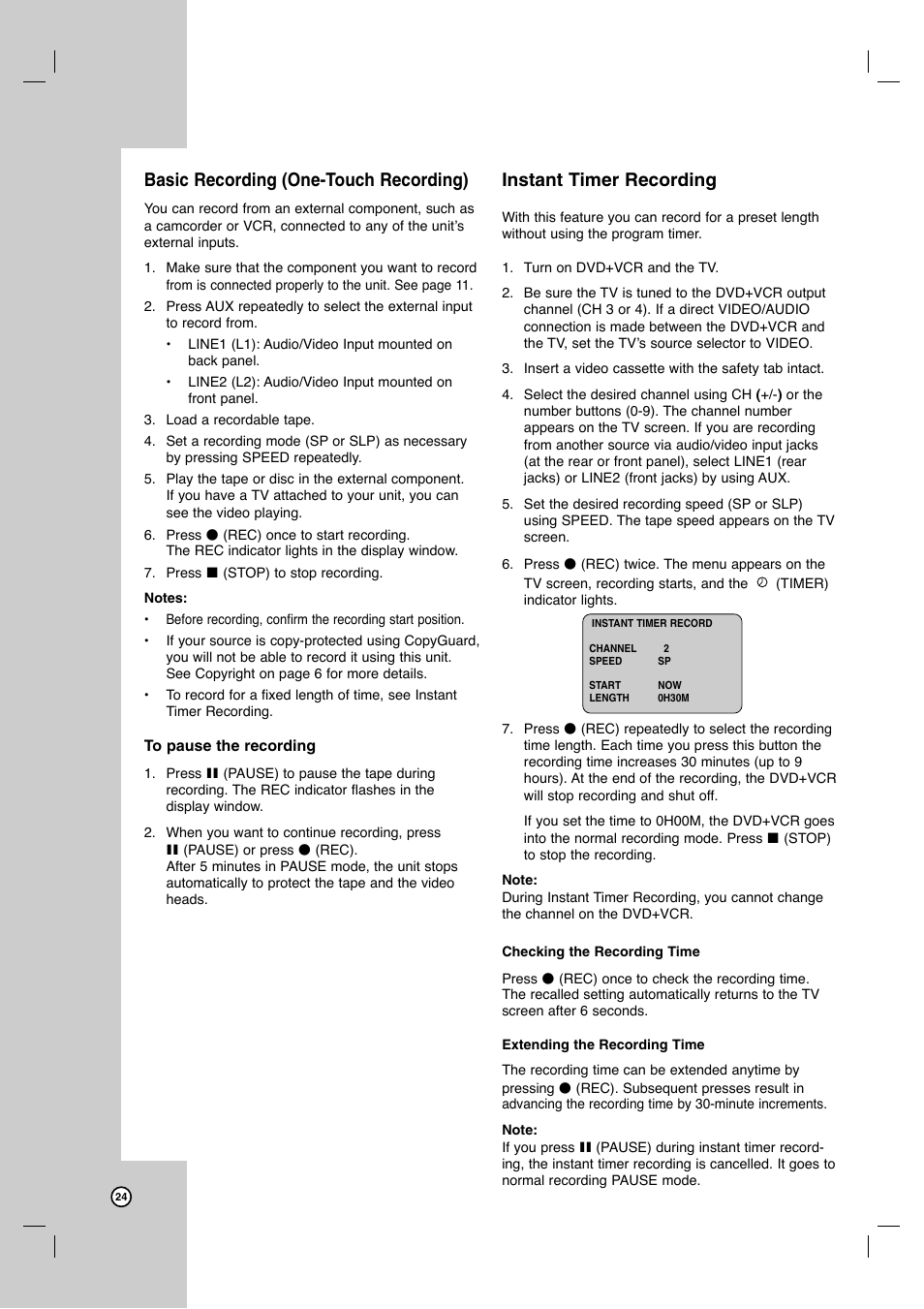 Basic recording (one-touch recording), Instant timer recording | JVC HR-XVC41S User Manual | Page 24 / 37