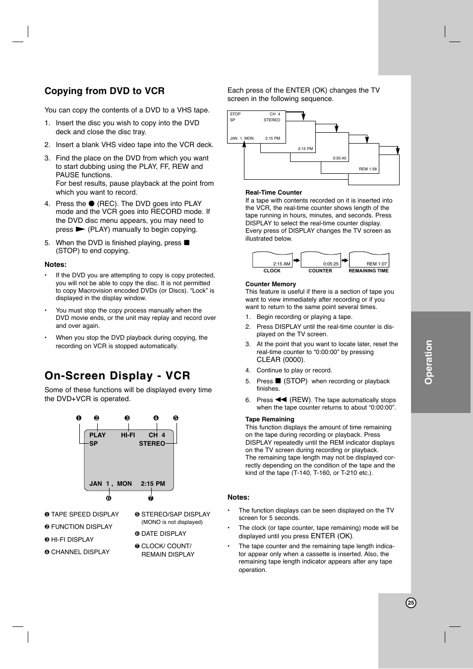 On-screen display - vcr, Operation, Copying from dvd to vcr | JVC HR-XVC41S User Manual | Page 25 / 37