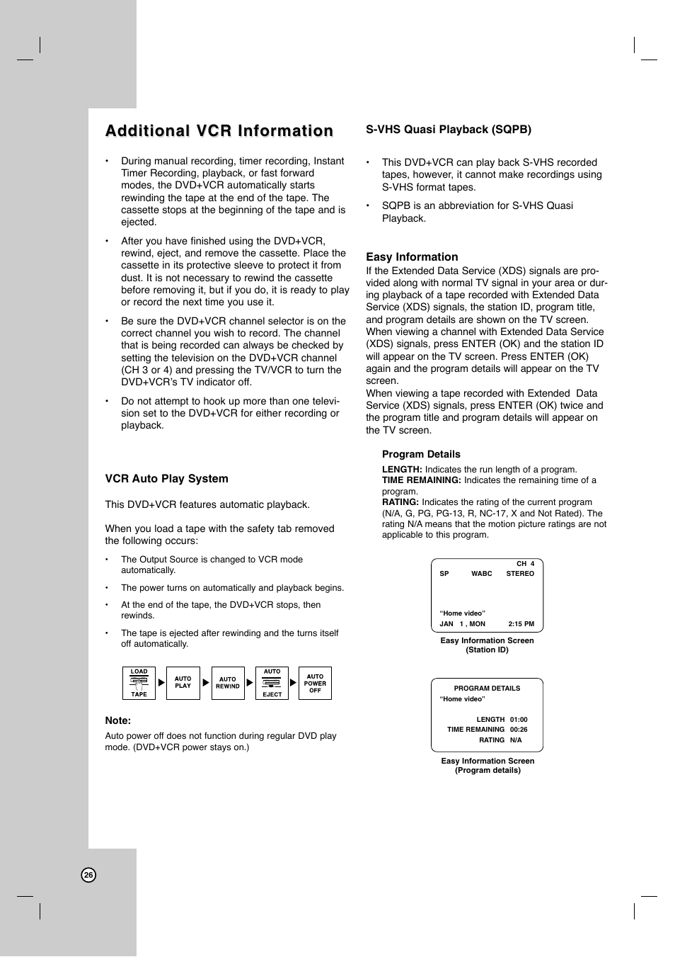 Additional vcr information, Vcr auto play system, S-vhs quasi playback (sqpb) | Easy information | JVC HR-XVC41S User Manual | Page 26 / 37