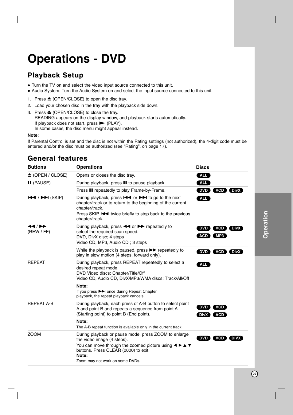 Operations - dvd, Playback setup, General features | Operation | JVC HR-XVC41S User Manual | Page 27 / 37