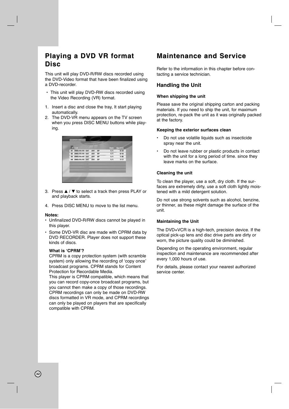 Playing a dvd vr format, Playing a dvd vr format disc disc, Maintenance and service | JVC HR-XVC41S User Manual | Page 32 / 37