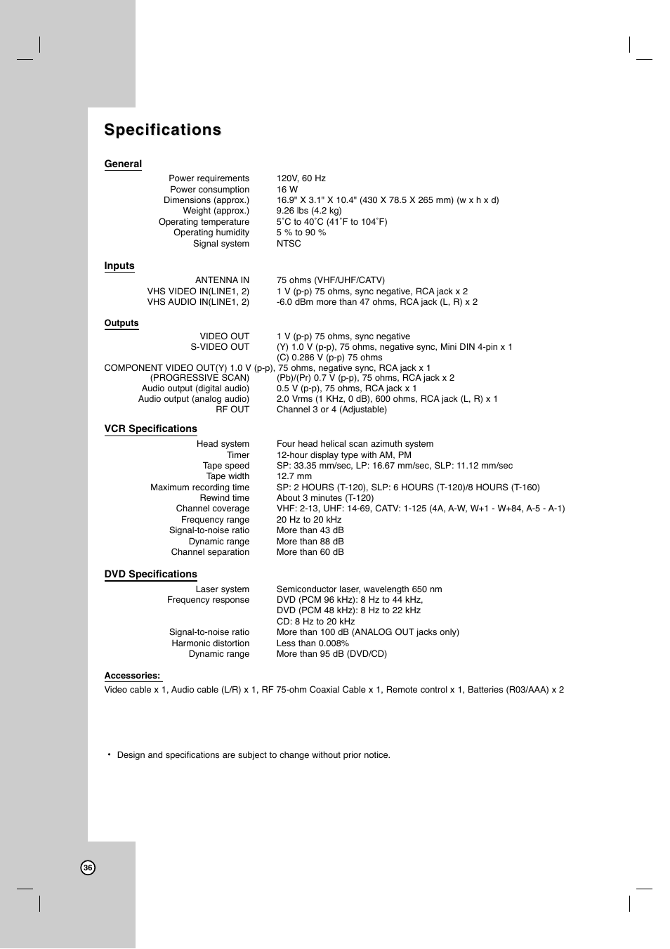 Specifications | JVC HR-XVC41S User Manual | Page 36 / 37